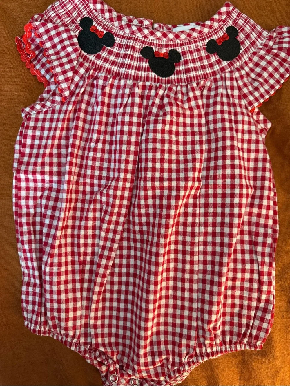 Red Gingham Baby Top with Black Minnie Mouse smocking